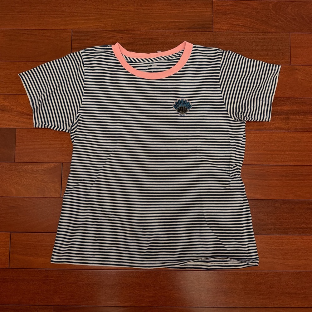 J. Crew Navy & White Striped Short Sleeve Tee with Pink Neckline